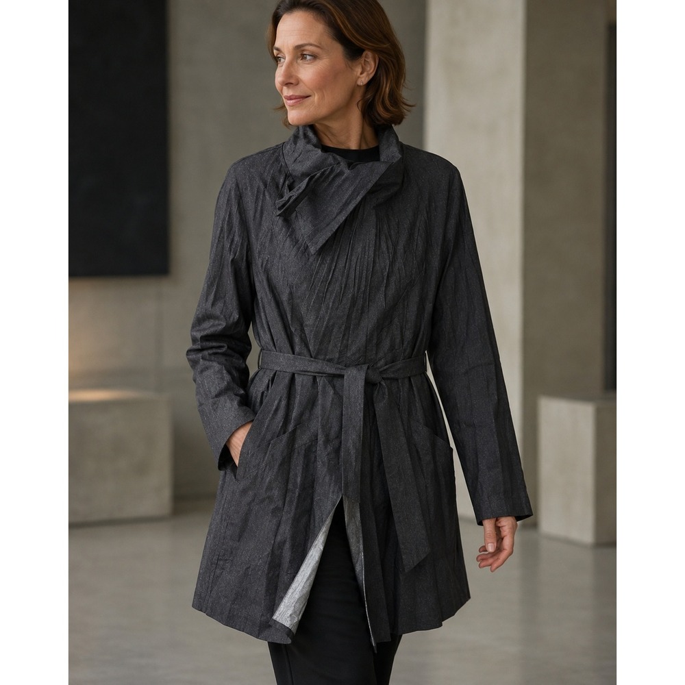 Komarov Pleated Funnel Neck Wrap Jacket Metallic Belted Avant Garde Charcoal S